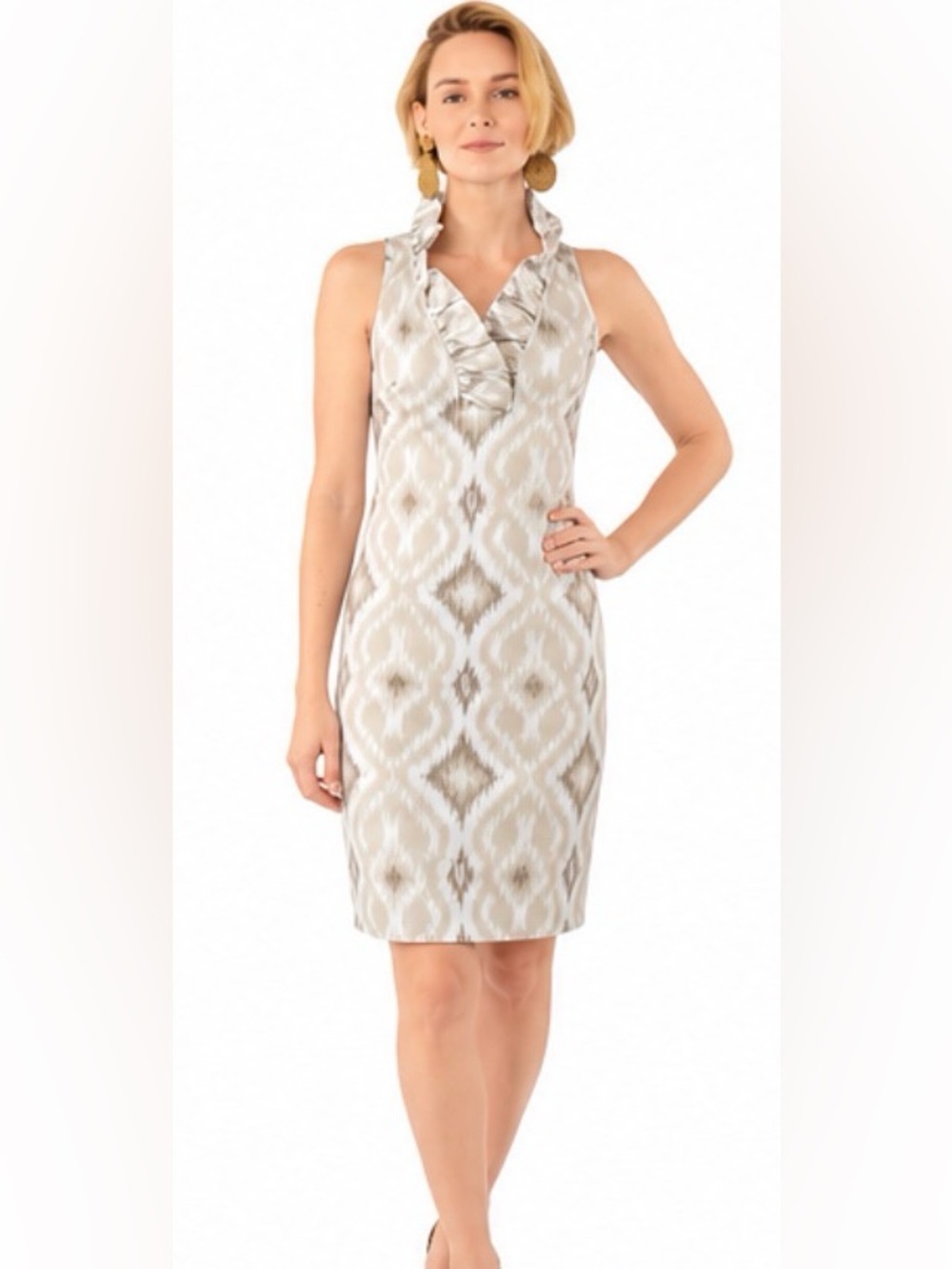 Gretchen Scott Dress M 8 10 Ikat Ruffle Collar Beige Ivory Sleeveless Stretch